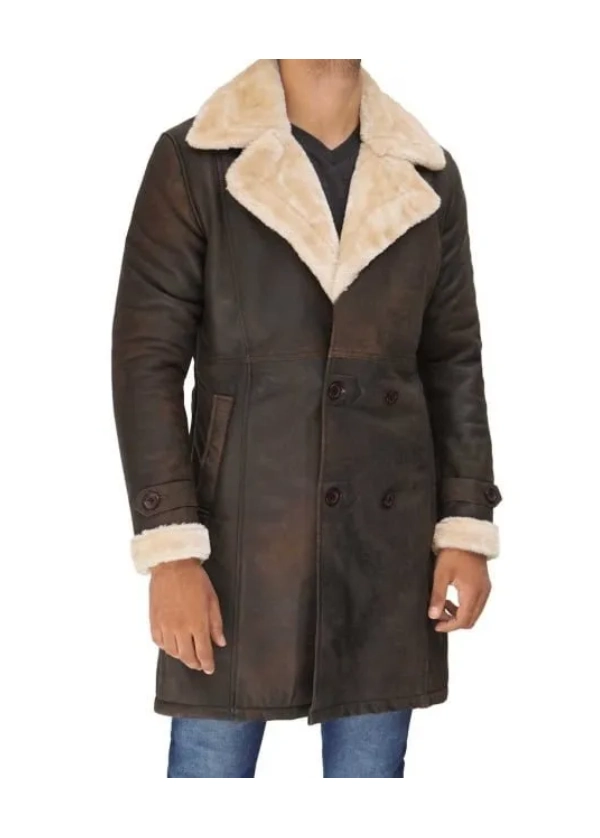 Mens Double Breasted Leather Brown Sherpa Coat 3 Mens Double Breasted Leather Brown Sherpa Coat - Image 3