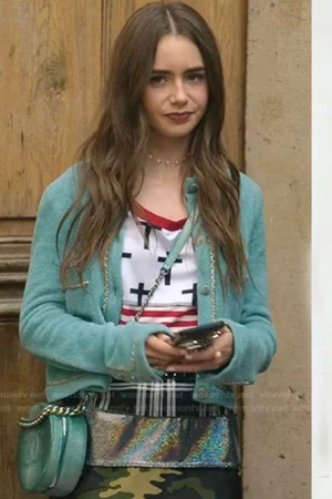Emily Copper Chain Trim Cardigan On Emily In Paris