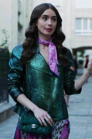 Emily In Paris Emily Cooper Green Metallic Moto Jacket