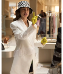 Emily In Paris Lily Collins White Fringe Trim Coat