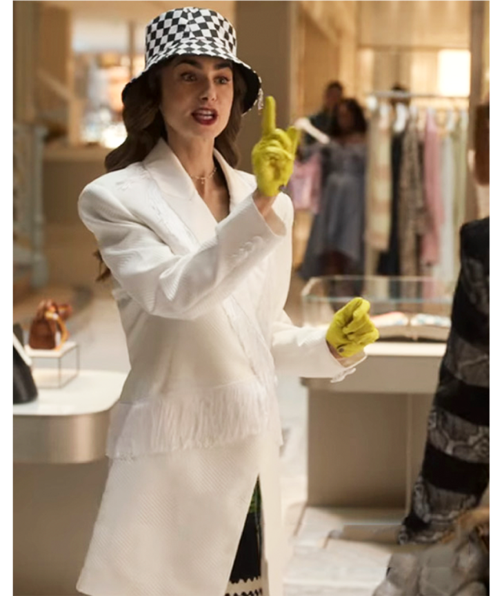 Emily In Paris Lily Collins White Fringe Trim Coat 1 Emily In Paris Lily Collins White Fringe Trim Coat