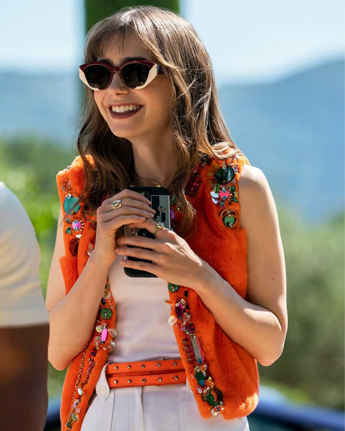 Emily In Paris Season 03 Lily Collins Orange Vest 1 Emily In Paris Season 03 Lily Collins Orange Vest