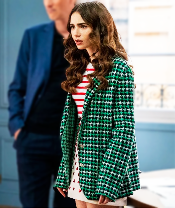 Emily in Paris Emily Cooper Checkered Wool Coat 1 Emily in Paris Emily Cooper Checkered Wool Coat