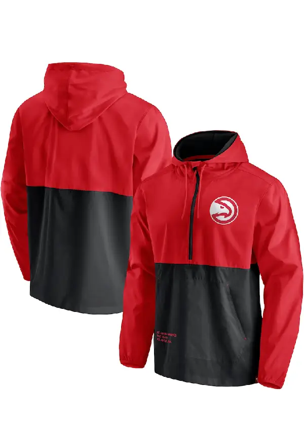 Men's Atlanta Hawks Fanatics Red/Black Anorak Windbreaker Half-Zip Hoodie Jacket 1 Men's Hawks Fanatics Red/Black Half-Zip Windbreaker