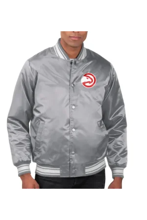 Men's Atlanta Hawks Starter Gray Printed Team Name Satin Varsity Full-Snap Jacket