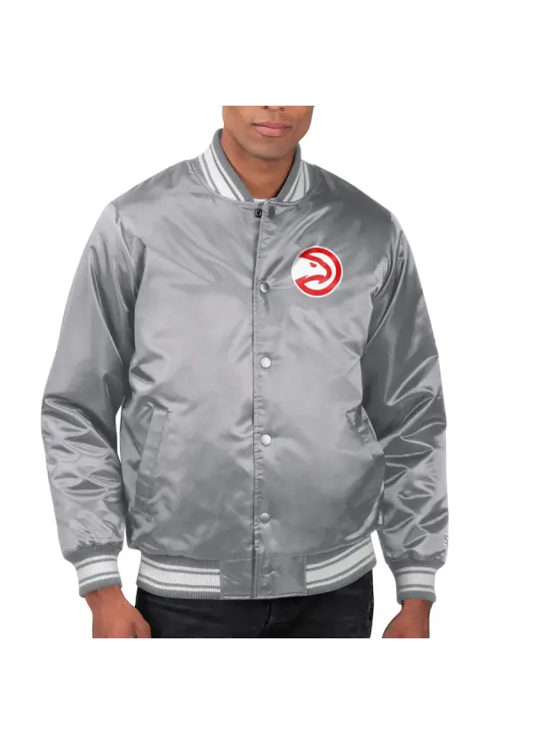 Men's Atlanta Hawks Starter Gray Printed Team Name Satin Varsity Full-Snap Jacket 1 Men's Atlanta Hawks Starter Gray Printed Team Name Satin Varsity Full-Snap Jacket