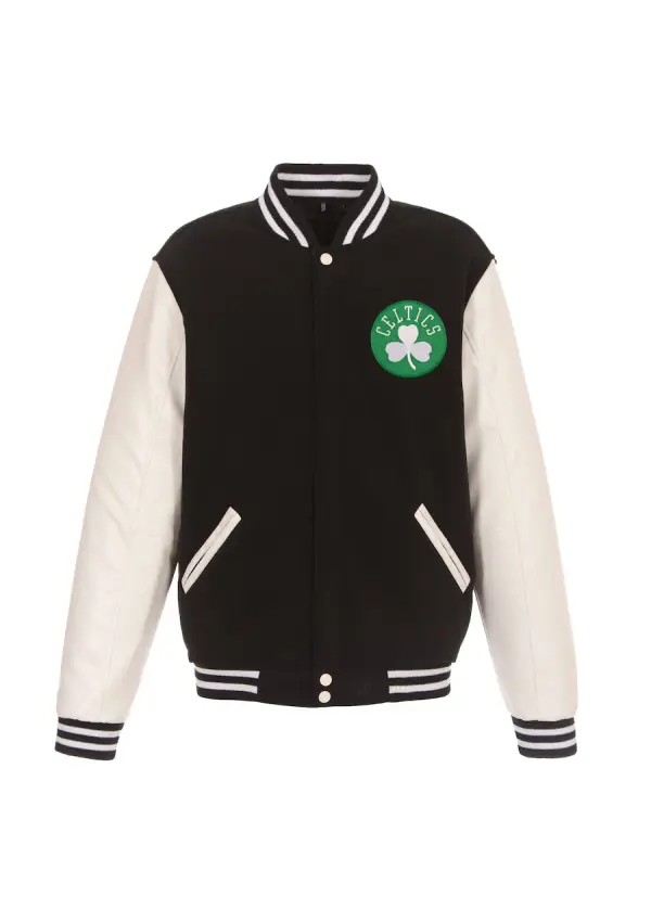 Men's Boston Celtics JH Design Black/White Reversible Fleece & Faux Leather Full-Snap Jacket 2 Men's Boston Celtics JH Design Black/White Reversible Fleece & Faux Leather Full-Snap Jacket