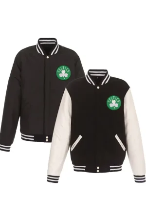 Men's Boston Celtics JH Design Black/White Reversible Fleece & Faux Leather Full-Snap Jacket
