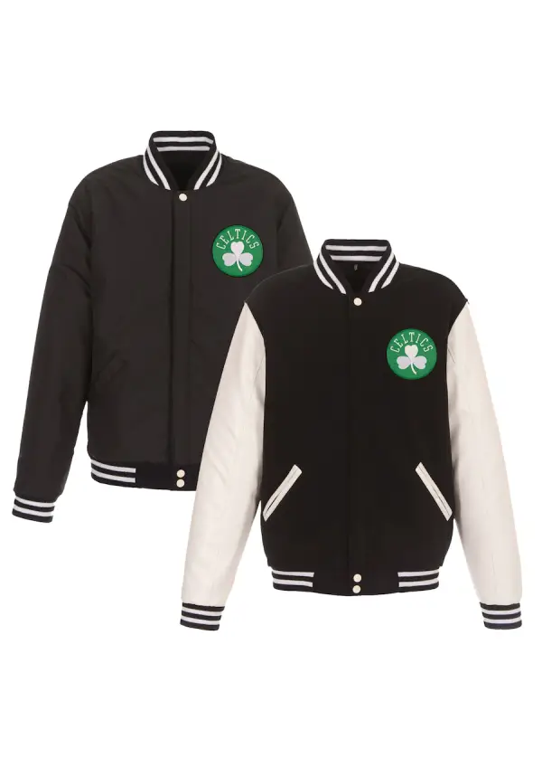 Men's Boston Celtics JH Design Black/White Reversible Fleece & Faux Leather Full-Snap Jacket 1 Men's Boston Celtics JH Design Black/White Reversible Fleece & Faux Leather Full-Snap Jacket
