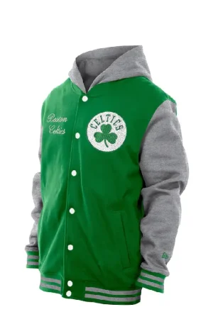 Men's Boston Celtics New Era Kelly Green Throwback Prep Chenille Full-Snap Hooded Varsity Jacket