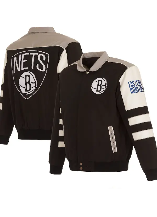 Men's Brooklyn Nets JH Design Black Stripe Colorblock Nylon Reversible Full-Snap Jacket 1 Men's Nets Black Reversible Colorblock Snap Jacket