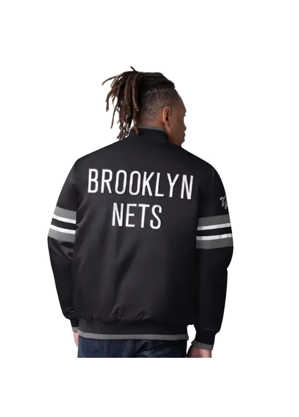 Men's Brooklyn Nets Starter Black Scout Varsity Satin Full-Snap Jacket 2 Men's Brooklyn Nets Starter Black Scout Varsity Satin Full-Snap Jacket