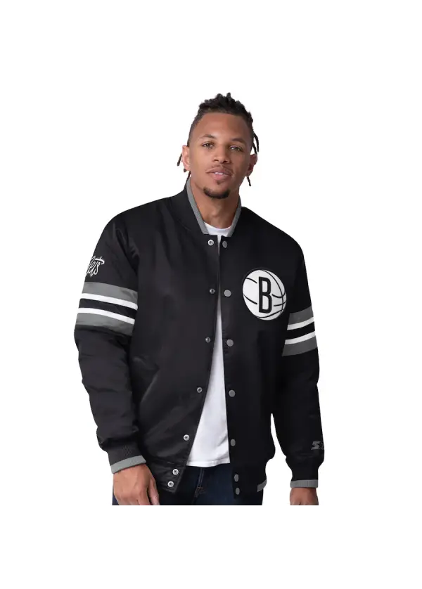 Men's Brooklyn Nets Starter Black Scout Varsity Satin Full-Snap Jacket 1 Men's Brooklyn Nets Starter Black Scout Varsity Satin Full-Snap Jacket