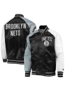 Men's Brooklyn Nets Starter Black/Gray Reliever Varsity Satin Raglan Full-Snap Jacket