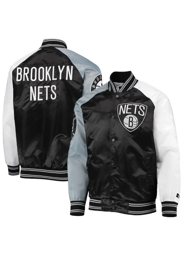Men's Brooklyn Nets Starter Black/Gray Reliever Varsity Satin Raglan Full-Snap Jacket 1 Men's Brooklyn Nets Starter Black/Gray Reliever Varsity Satin Raglan Full-Snap Jacket