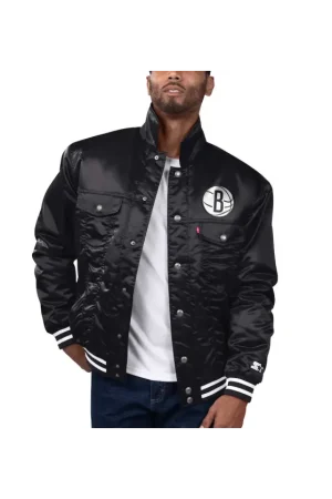 Men's Brooklyn Nets Starter x Levi's Black Silver Label Trucker Satin Full-Snap Jacket
