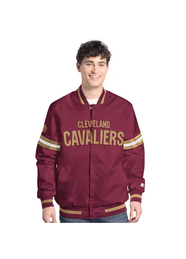 Men's Cleveland Cavaliers Starter Wine/Gold Scout Full Snap Varsity Jacket 1 Men's Cavs Starter Wine/Gold Scout Varsity Jacket