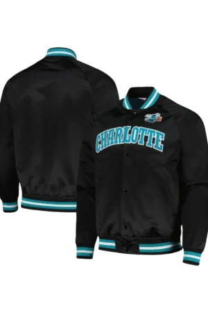 Men's Charlotte Hornets Mitchell & Ness Black Hardwood Classics Throwback Wordmark Raglan Full-Snap Jacket