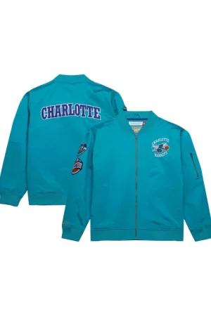 Men's Charlotte Hornets Mitchell & Ness Teal Hardwood Classics Vintage Logo Full-Zip Bomber Jacket