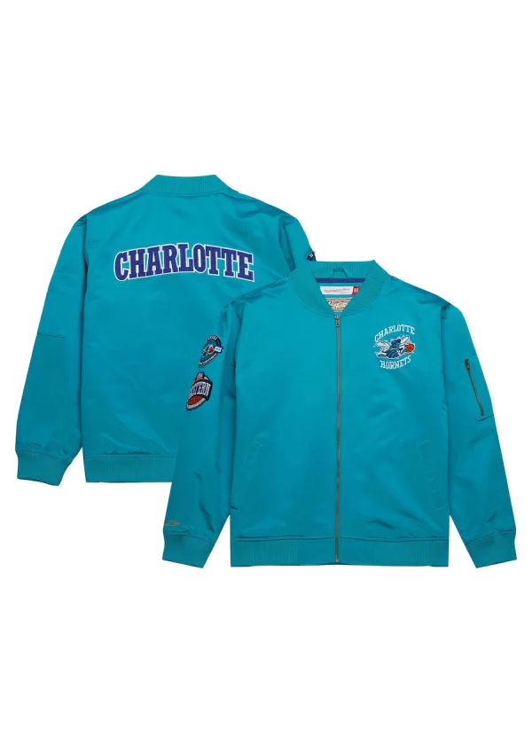 Men's Charlotte Hornets Mitchell & Ness Teal Hardwood Classics Vintage Logo Full-Zip Bomber Jacket 1 Men's Charlotte Hornets Mitchell & Ness Teal Hardwood Classics Vintage Logo Full-Zip Bomber Jacket