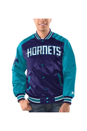 Men's Charlotte Hornets Starter Purple/Teal Renegade Satin Full-Snap Varsity Jacket