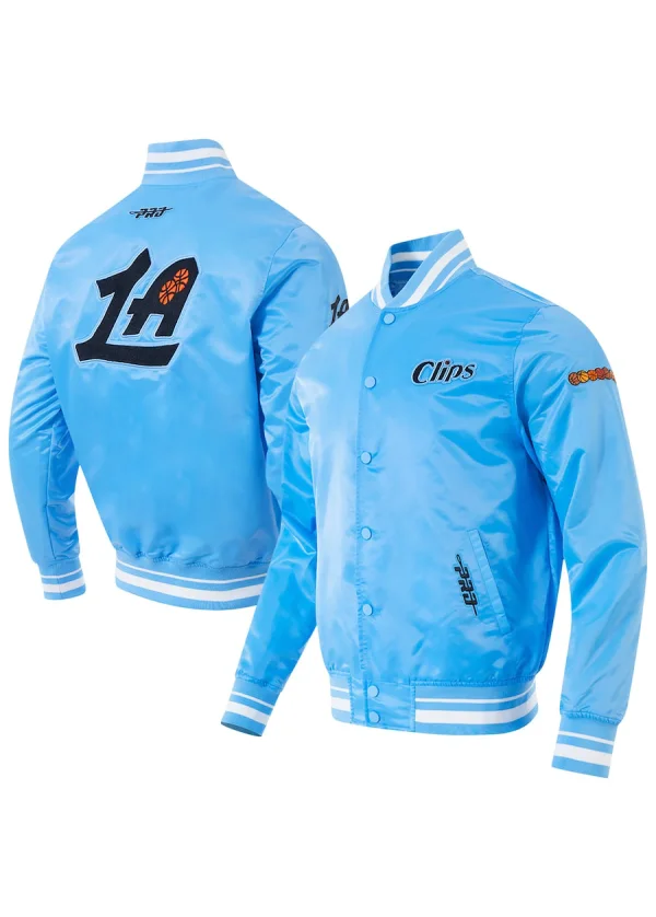 Men's LA Clippers Pro Standard Blue 2024/25 City Edition Chenille Satin Full-Snap Jacket 1 Men's LA Clippers Pro Standard Blue 2024/25 City Edition Chenille Satin Full-Snap Jacket