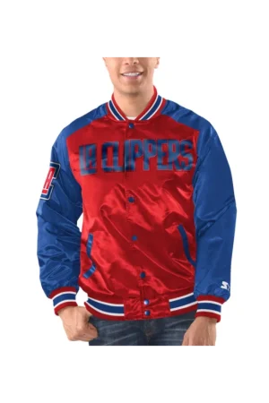 Men's LA Clippers Starter Red/Royal Renegade Satin Full-Snap Varsity Jacket