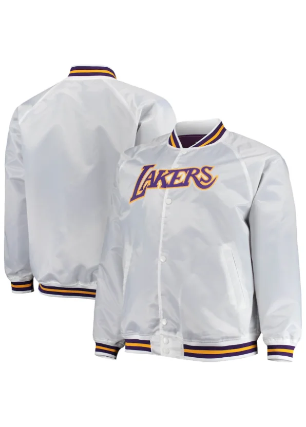 Men's Los Angeles Lakers Mitchell & Ness White Big & Tall Hardwood Classics Raglan Satin Full-Snap Jacket 1 Men's Los Angeles Lakers Mitchell & Ness White Big & Tall Hardwood Classics Raglan Satin Full-Snap Jacket