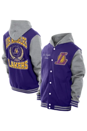 Men's Los Angeles Lakers New Era Purple Throwback Prep Chenille Full-Snap Hooded Varsity Jacket