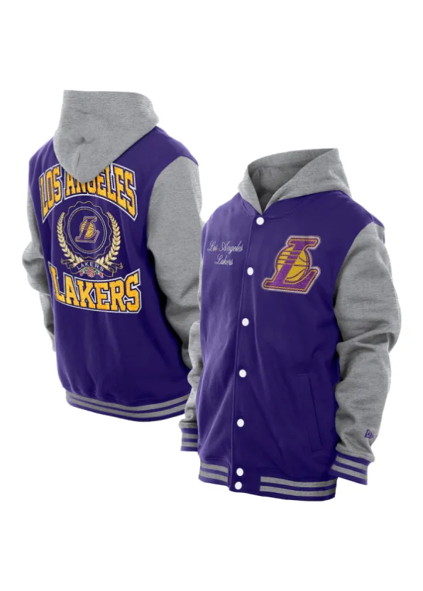 Men's Los Angeles Lakers New Era Purple Throwback Prep Chenille Full-Snap Hooded Varsity Jacket 1 Men's Los Angeles Lakers New Era Purple Throwback Prep Chenille Full-Snap Hooded Varsity Jacket