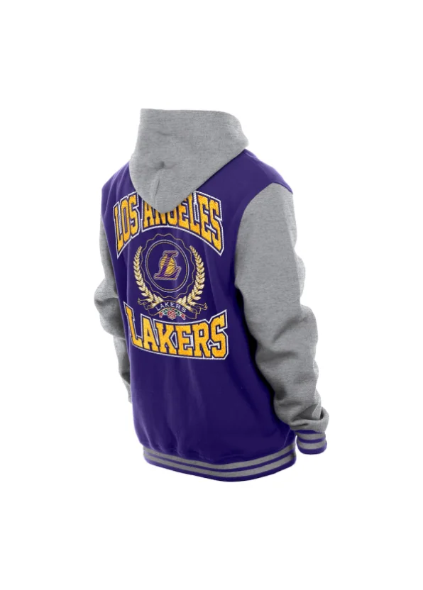 Men's Los Angeles Lakers New Era Purple Throwback Prep Chenille Full-Snap Hooded Varsity Jacket 2 Men's Los Angeles Lakers New Era Purple Throwback Prep Chenille Full-Snap Hooded Varsity Jacket - Image 2