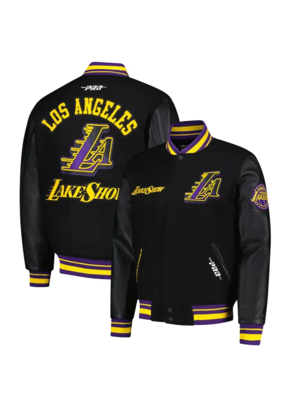 Men's Los Angeles Lakers Pro Standard Black 2024/25 City Edition Wool Varsity Full-Zip Jacket 1 Men's Los Angeles Lakers Pro Standard Black 2024/25 City Edition Wool Varsity Full-Zip Jacket