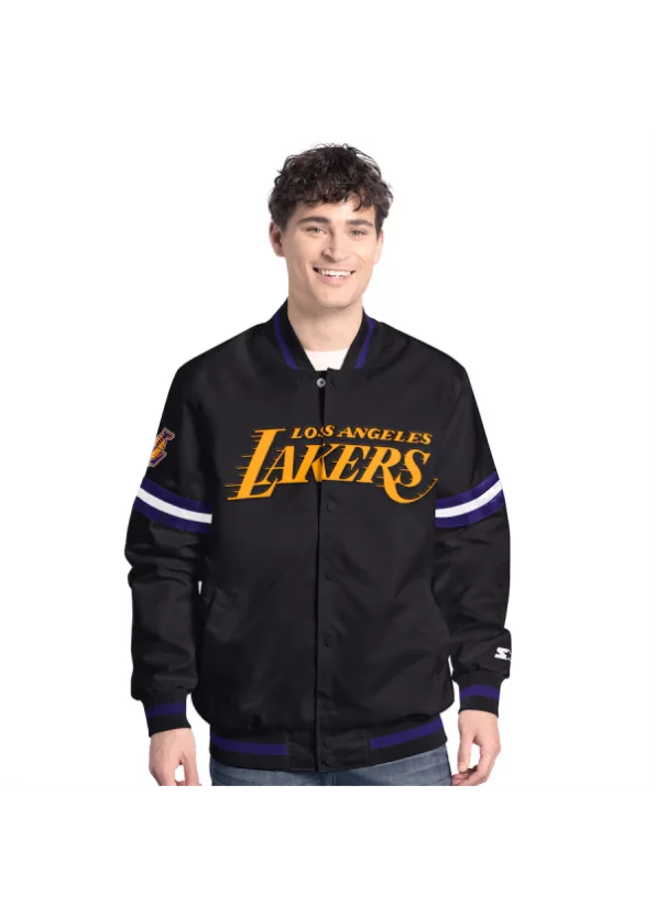 Men's Los Angeles Lakers Starter Black Scout Varsity Full-Snap Jacket 1 Men's Los Angeles Lakers Starter Black Scout Varsity Full-Snap Jacket