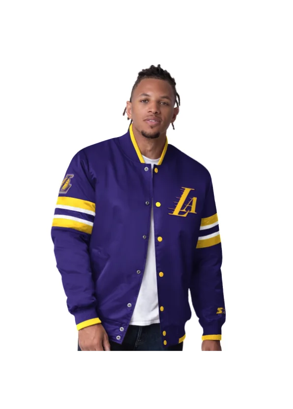Men's Los Angeles Lakers Starter Purple Scout Varsity Satin Full-Snap Jacket 1 Men's Los Angeles Lakers Starter Purple Scout Varsity Satin Full-Snap Jacket