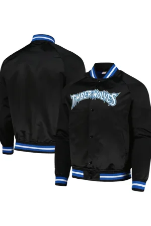 Men's Minnesota Timberwolves Mitchell & Ness Black Hardwood Classics Throwback Wordmark Raglan Full-Snap Jacket