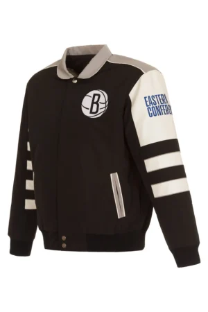 Men's Brooklyn Nets JH Design Black Stripe Colorblock Nylon Reversible Full-Snap Jacket