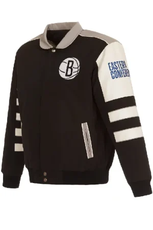 Men's Brooklyn Nets JH Design Black Stripe Colorblock Nylon Reversible Full-Snap Jacket