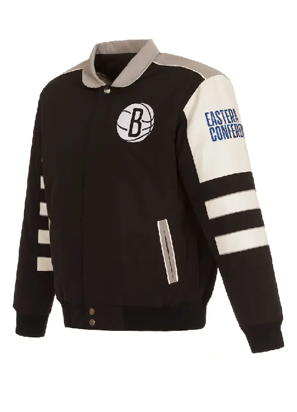 Men's Brooklyn Nets JH Design Black Stripe Colorblock Nylon Reversible Full-Snap Jacket 2 Men's Nets Black Reversible Colorblock Snap Jacket