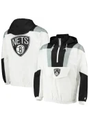 Men's Nets Starter White Crinkle Half-Zip Hoodie