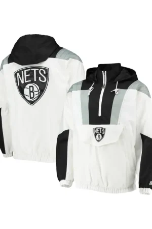 Men's Nets Starter White Crinkle Half-Zip Hoodie