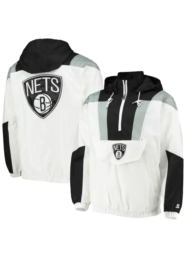 Men's Brooklyn Nets Starter White Striker Crinkle Half-Zip Hoodie Jacket 1 Men's Nets Starter White Crinkle Half-Zip Hoodie
