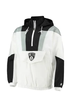 Men's Brooklyn Nets Starter White Striker Crinkle Half-Zip Hoodie Jacket