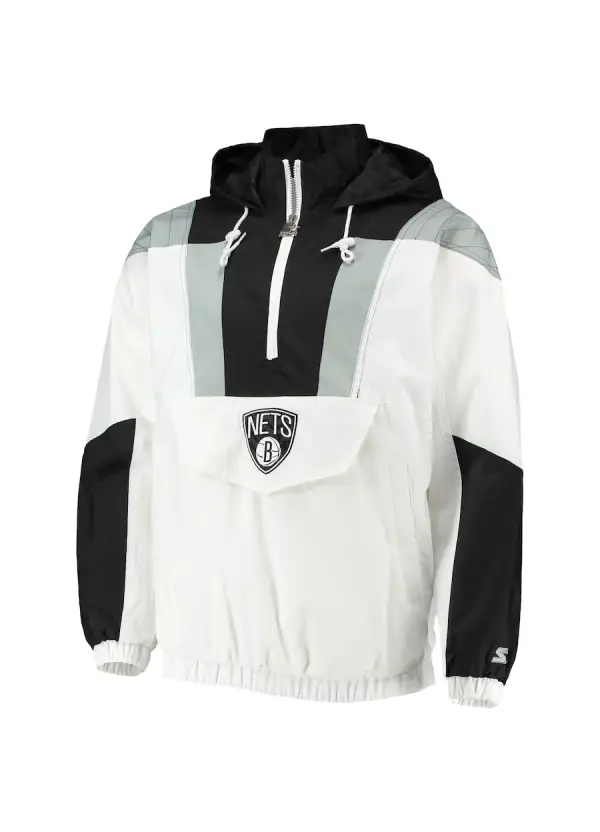 Men's Brooklyn Nets Starter White Striker Crinkle Half-Zip Hoodie Jacket 2 Men's Nets Starter White Crinkle Half-Zip Hoodie