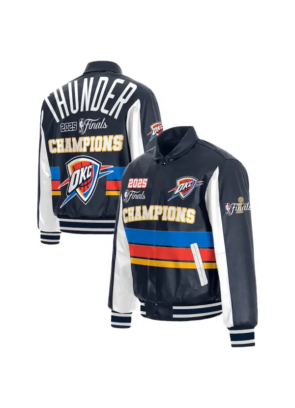 Men's Oklahoma City Thunder JH Design Navy 2025 NBA Finals Champions Leather Full-Snap Jacket 1 Men's Oklahoma City Thunder JH Design Navy 2025 NBA Finals Champions Leather Full-Snap Jacket