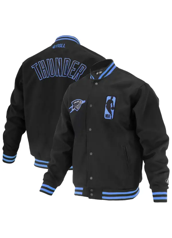 Unisex Oklahoma City Thunder FISLL Black Logoman Shadow Collection Full-Snap Varsity Jacket 1 Unisex Oklahoma City Thunder FISLL Black Logoman Shadow Collection Full-Snap Varsity Jacket