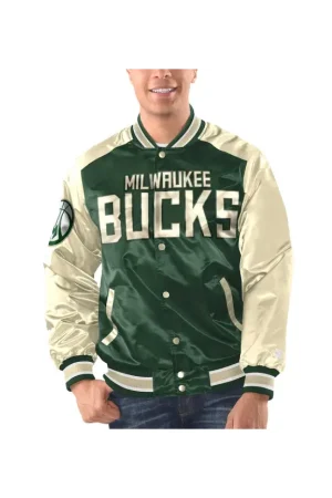Men's Milwaukee Bucks Starter Hunter Green/Cream Renegade Satin Full-Snap Varsity Jacket