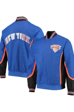 Men's New York Knicks Mitchell & Ness Blue Hardwood Classics 75th Anniversary Authentic Warmup Full-Snap Jacket