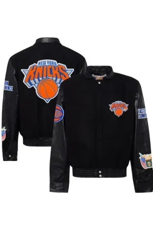 Men's New York Knicks Jeff Hamilton Black Wool & Leather Full-Snap Varsity Jacket