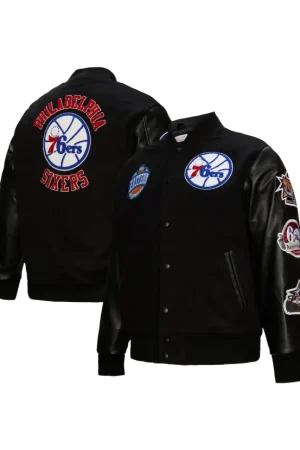Men's Philadelphia 76ers Mitchell & Ness Black Hardwood Classics Blackout Collection Full-Snap Varsity Jacket