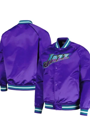 Men's Utah Jazz Mitchell & Ness Purple Hardwood Classics Throwback Wordmark Raglan Full-Snap Jacket